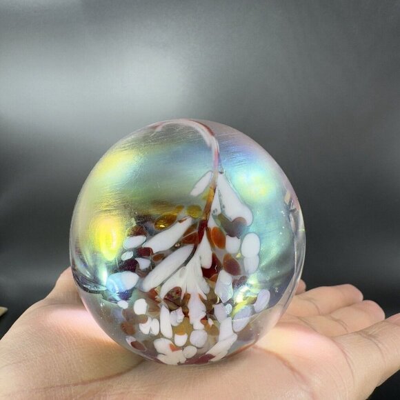Hand Made Art Glass Paperweight Orb Polished Bottom Iridescent Glass Decor VTG - Picture 12 of 15